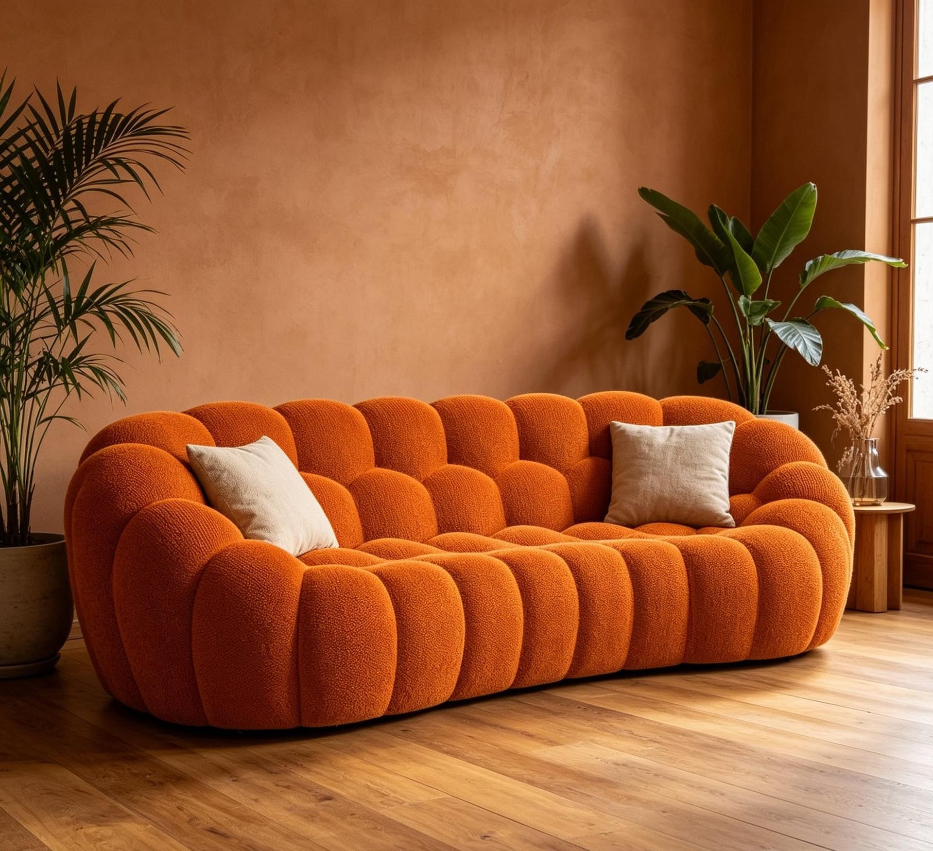 Canapé d'angle chaise longue coloris terracotta, variante en showroom